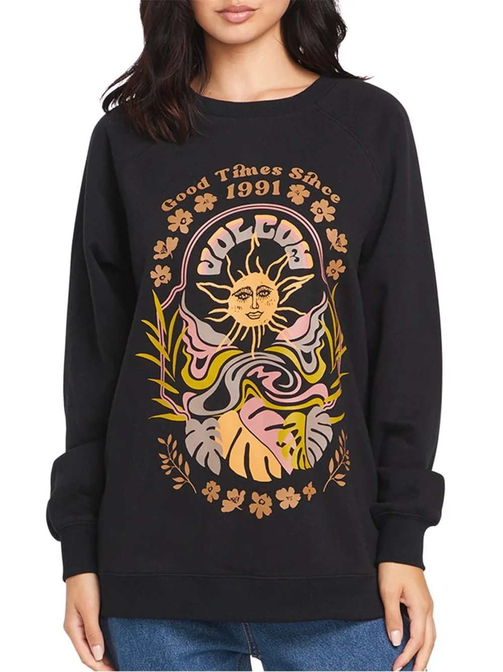 NWOT Volcom Black Crewneck Sweatshirt with Retro Sun Graphic